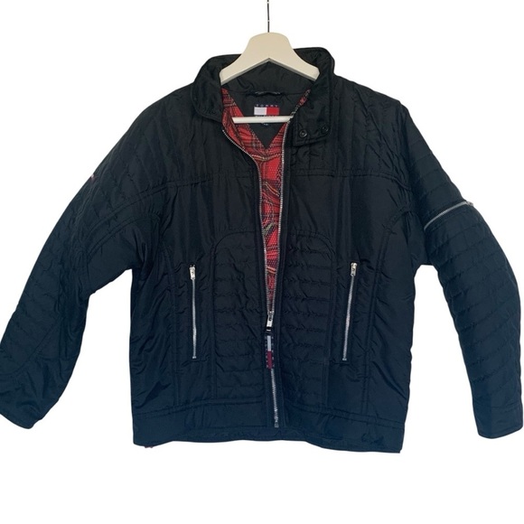TOMMY HILFIGER Jacket Wind Breaker Sport Coat Moto Jacket Plaid Lined Black S - Picture 3 of 15